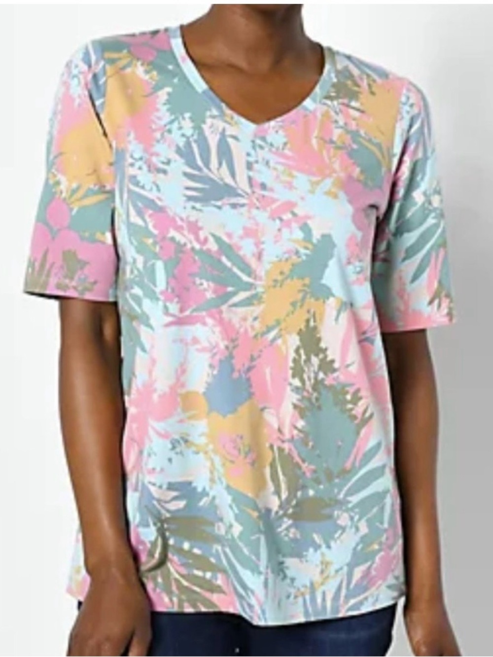 Denim & Co. Active Tropical Print Elbow Sleeve V-Neck Top Eggshell Multi